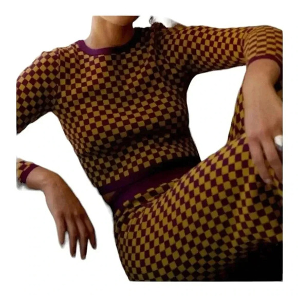 Daydreamer Fig Check Fitted Pullover Sweater Long Sleeve Purple Yellow XL NWT - Picture 1 of 8